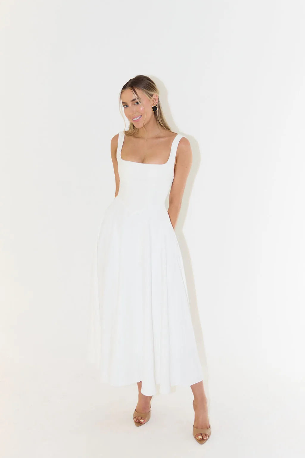 High Waist Square Neck Midi Dress (Multicolor)