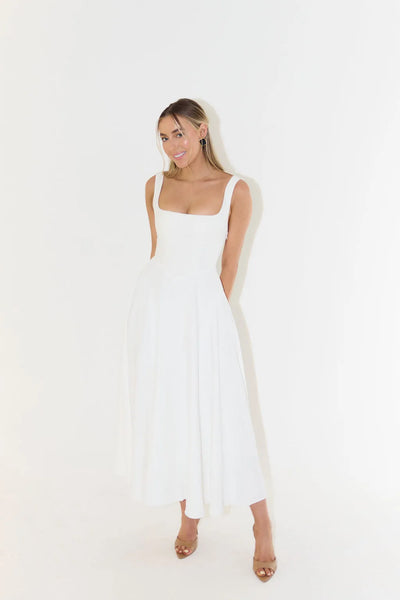 High Waist Square Neck Midi Dress (Multicolor)