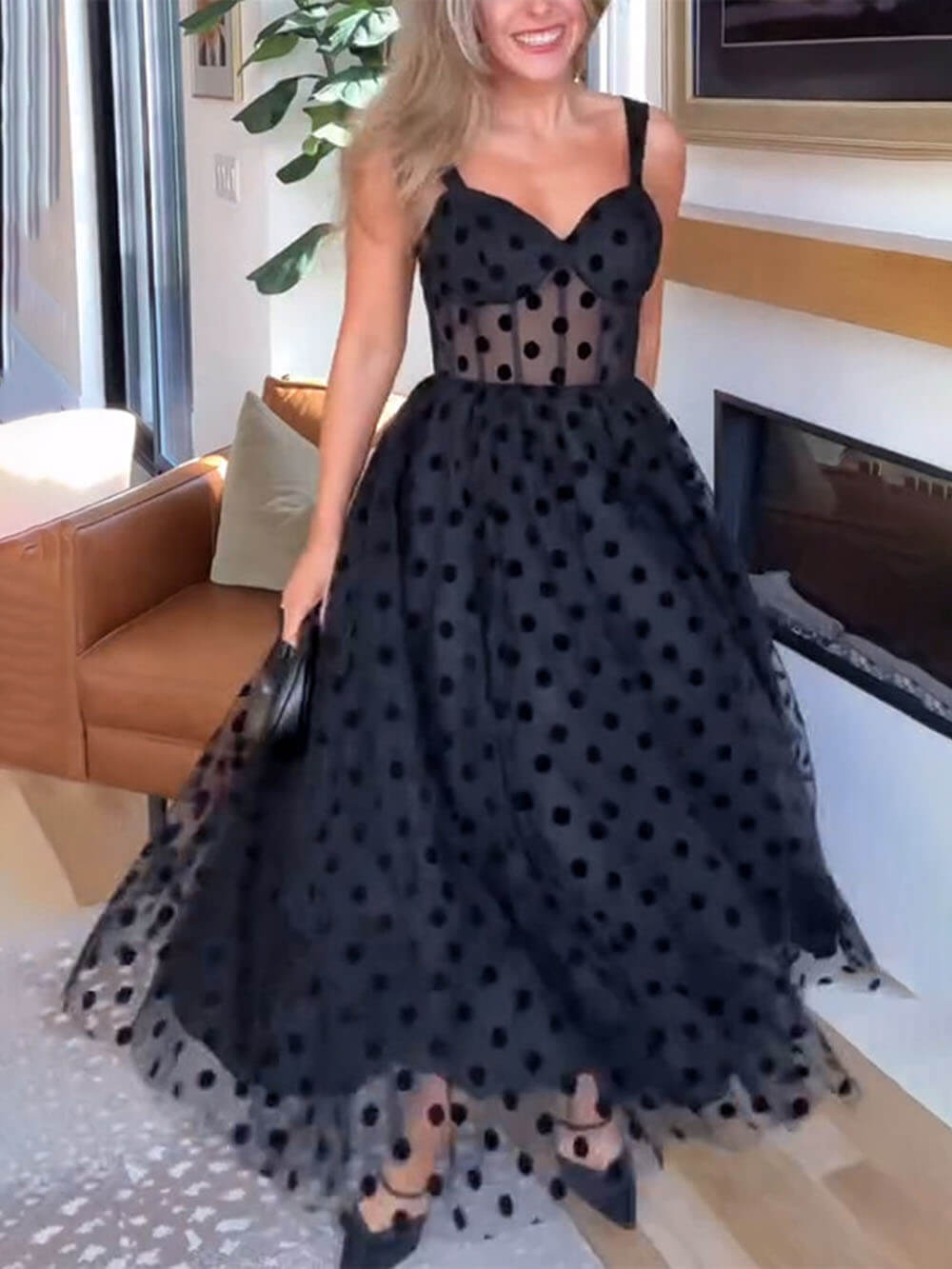 Selora | Black Polka Dot Evening Dress