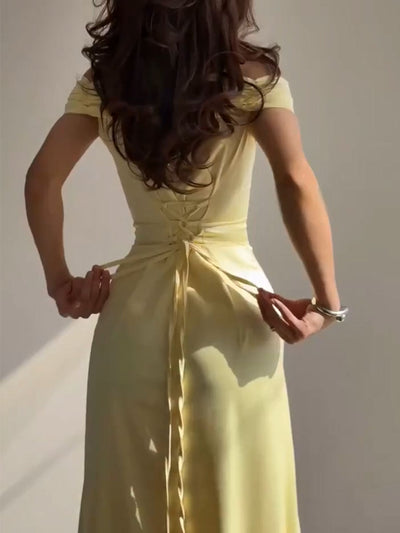Yellow strapless waist evening dress