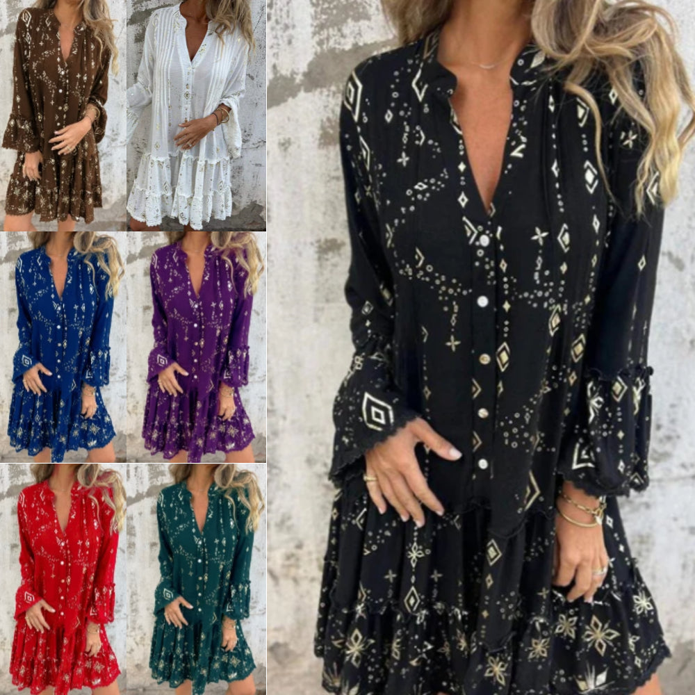 Women's Geometric Pattern Comfortable V-Neck Midi Dress