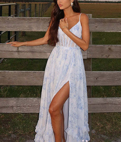 Back Lace-up Ruffle Hem Slit Floral Print Maxi Cami Dress