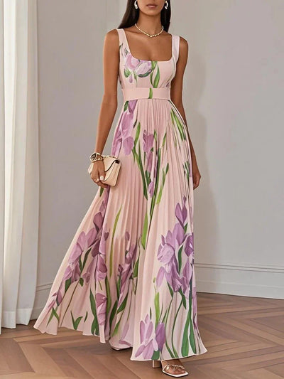 Alivienne – White Floral Pleated Chiffon Maxi Dress