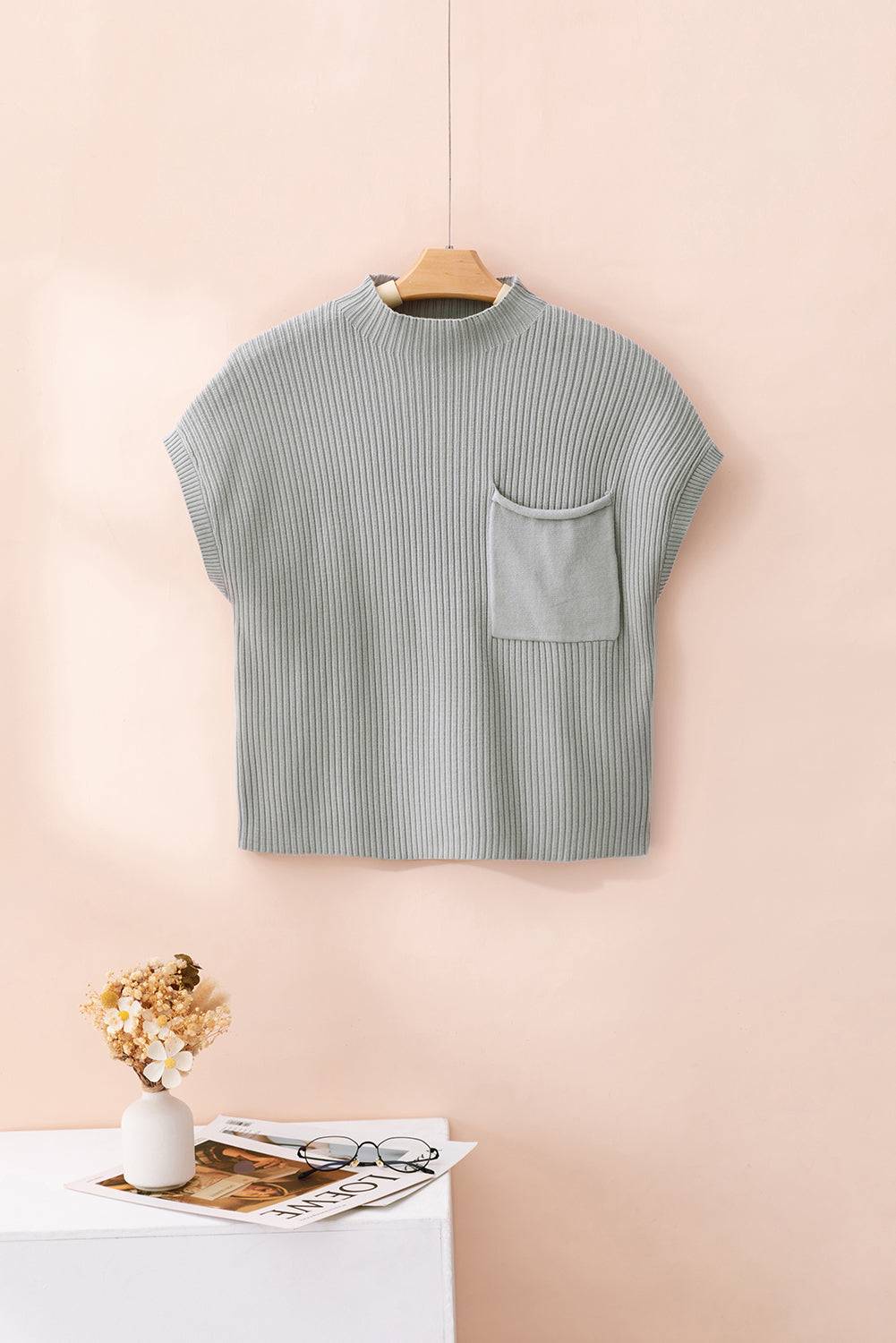 Short Sleeve Ribbed Sweater - Gray