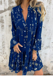 Women's Geometric Pattern Comfortable V-Neck Midi Dress