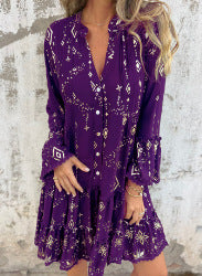 Women's Geometric Pattern Comfortable V-Neck Midi Dress