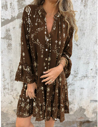 Women's Geometric Pattern Comfortable V-Neck Midi Dress