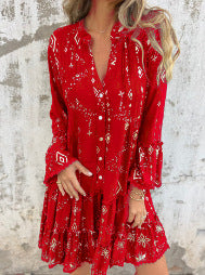 Women's Geometric Pattern Comfortable V-Neck Midi Dress
