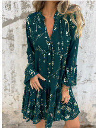 Women's Geometric Pattern Comfortable V-Neck Midi Dress