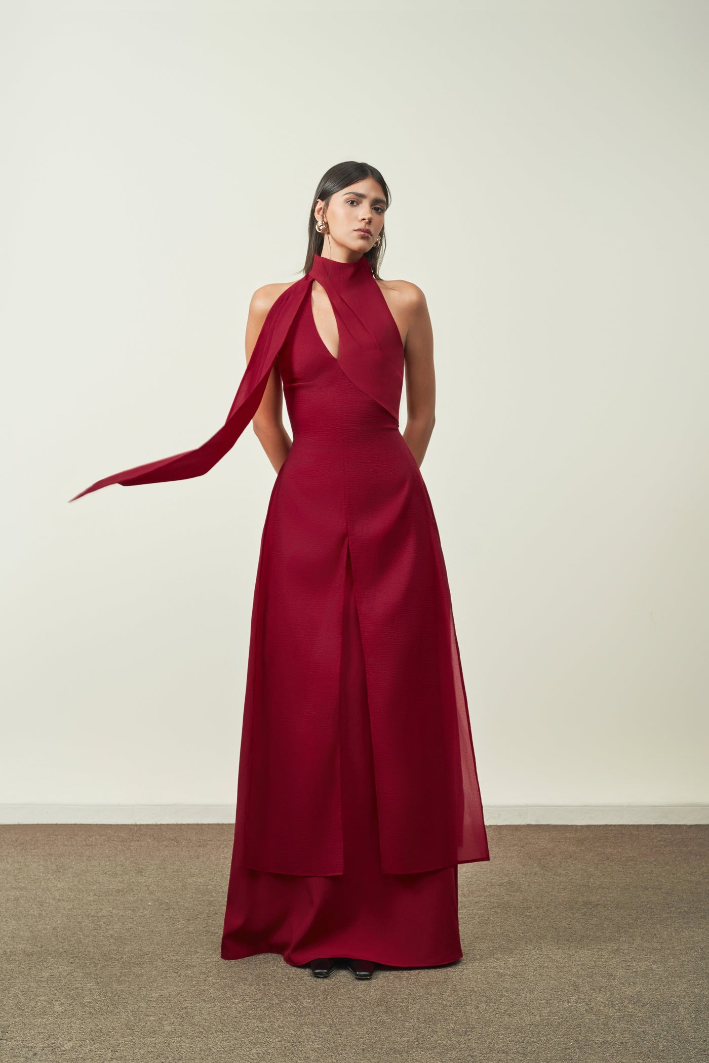 Yen Layered High Neck Floss Silk Ankle Length Dress