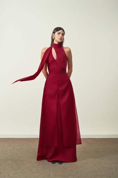 Yen Layered High Neck Floss Silk Ankle Length Dress