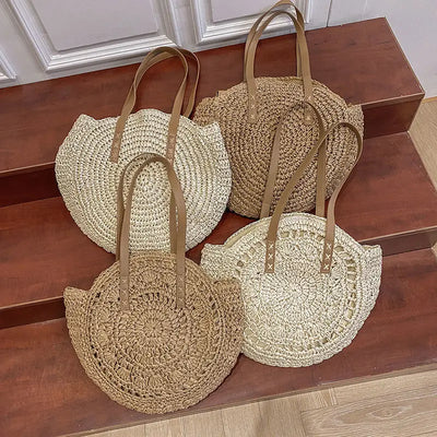 Arnora | Round braided handbag with imitation leather straps