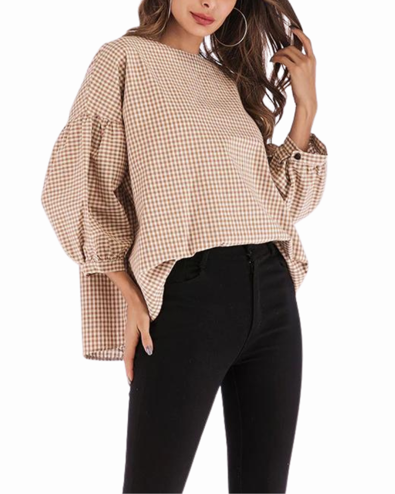 Elisa - Wide Neck Casual Plaid Blouse