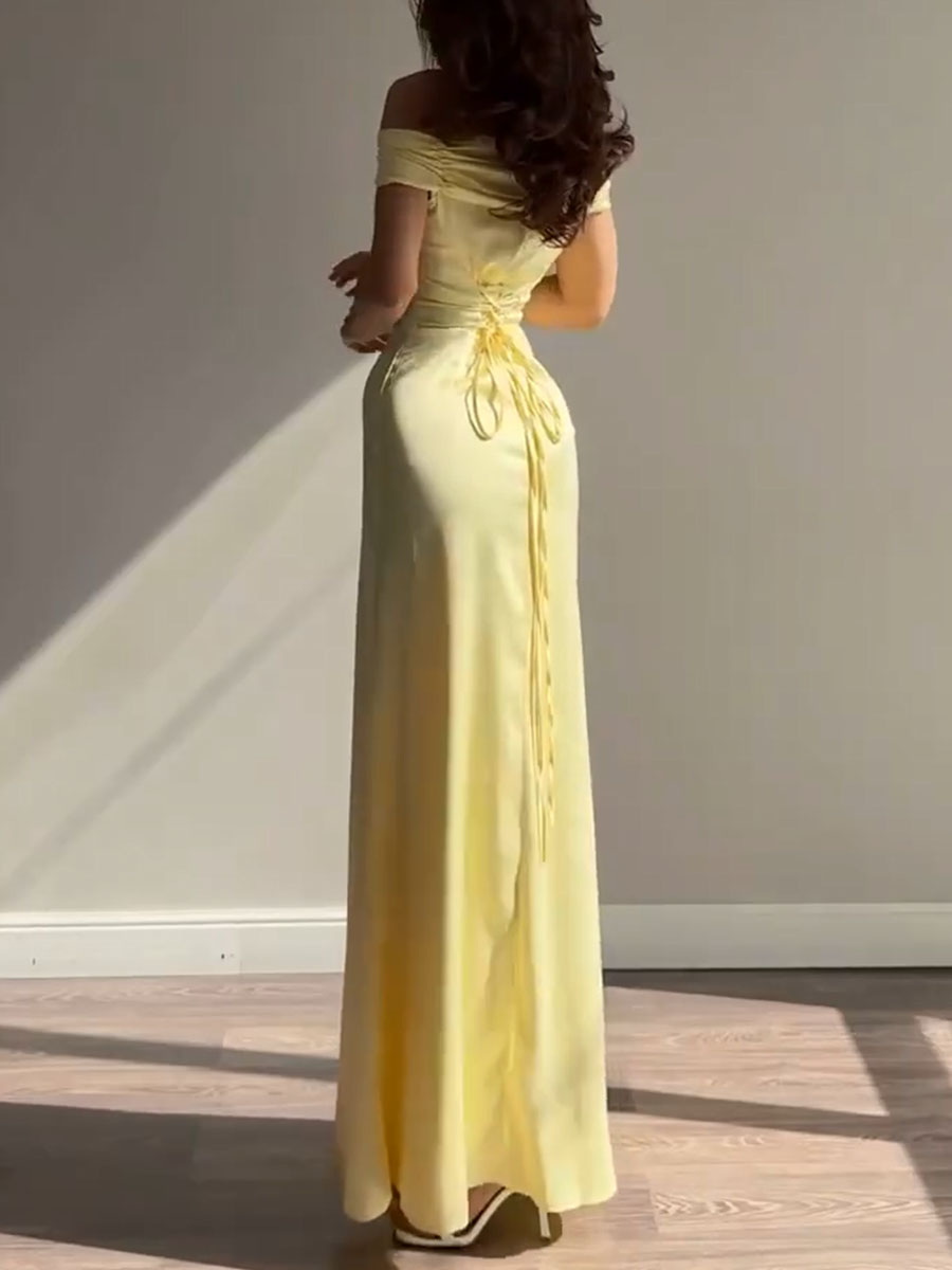 Yellow strapless waist evening dress