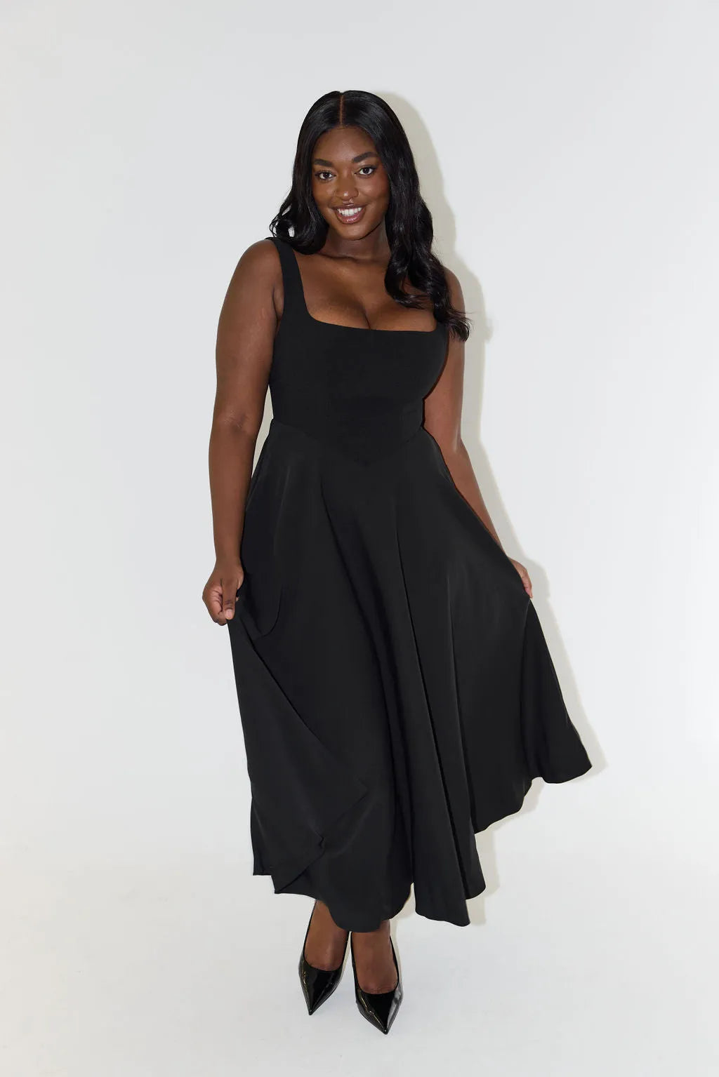 High Waist Square Neck Midi Dress (Multicolor)