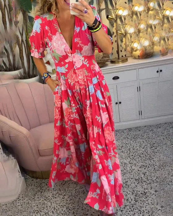 Cozy long V-neck dress with pocket