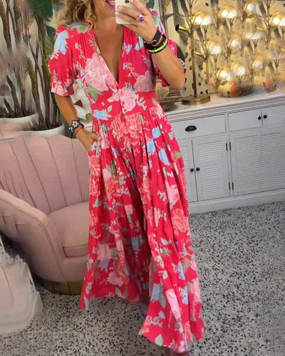 Cozy long V-neck dress with pocket
