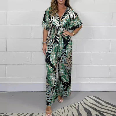 Summer Women's Fashion Leaf Print Plus Size Bodysuit with Elastic Waist