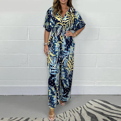 Summer Women's Fashion Leaf Print Plus Size Bodysuit with Elastic Waist