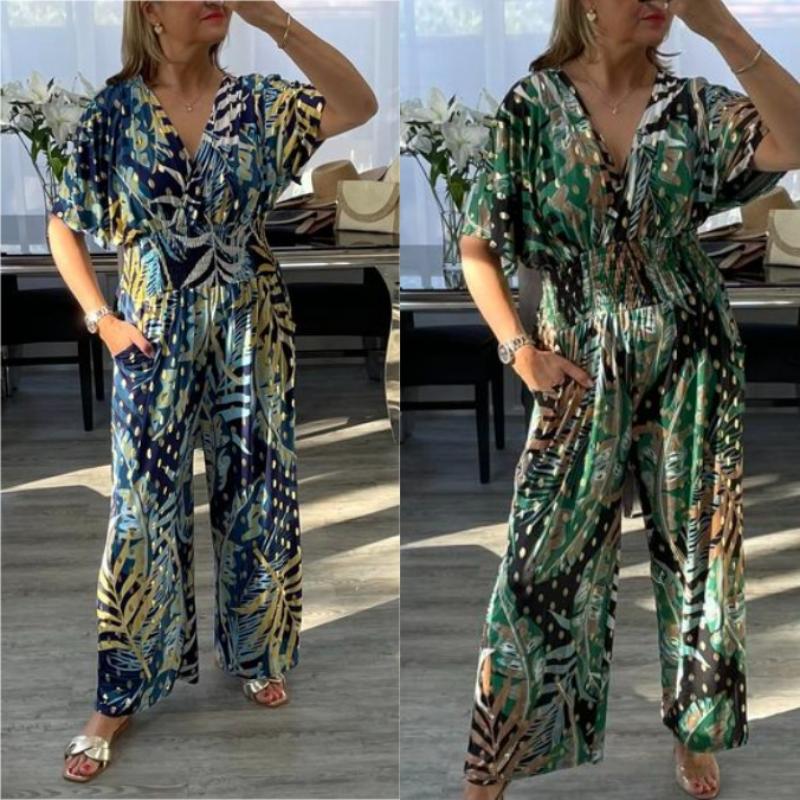 Summer Women's Fashion Leaf Print Plus Size Bodysuit with Elastic Waist