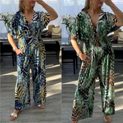 Summer Women's Fashion Leaf Print Plus Size Bodysuit with Elastic Waist