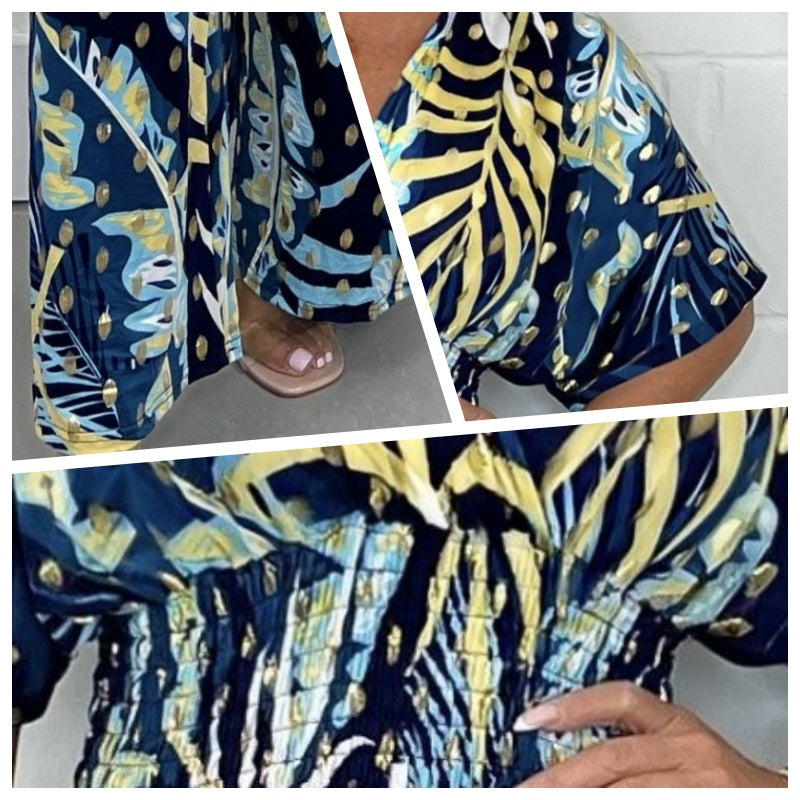 Summer Women's Fashion Leaf Print Plus Size Bodysuit with Elastic Waist