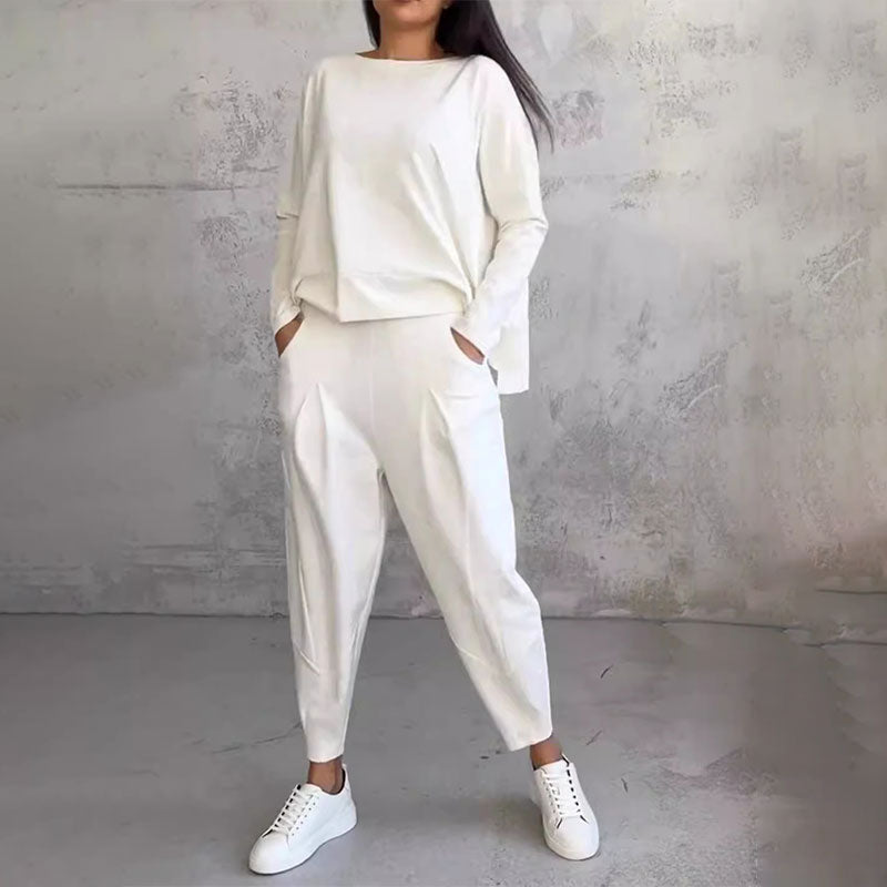 SaLong sleeve round neck top & pants 2-piece set