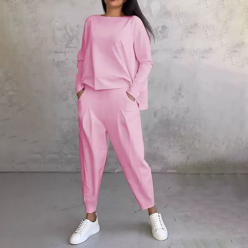 SaLong sleeve round neck top & pants 2-piece set