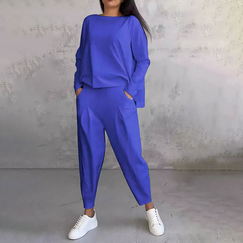 SaLong sleeve round neck top & pants 2-piece set