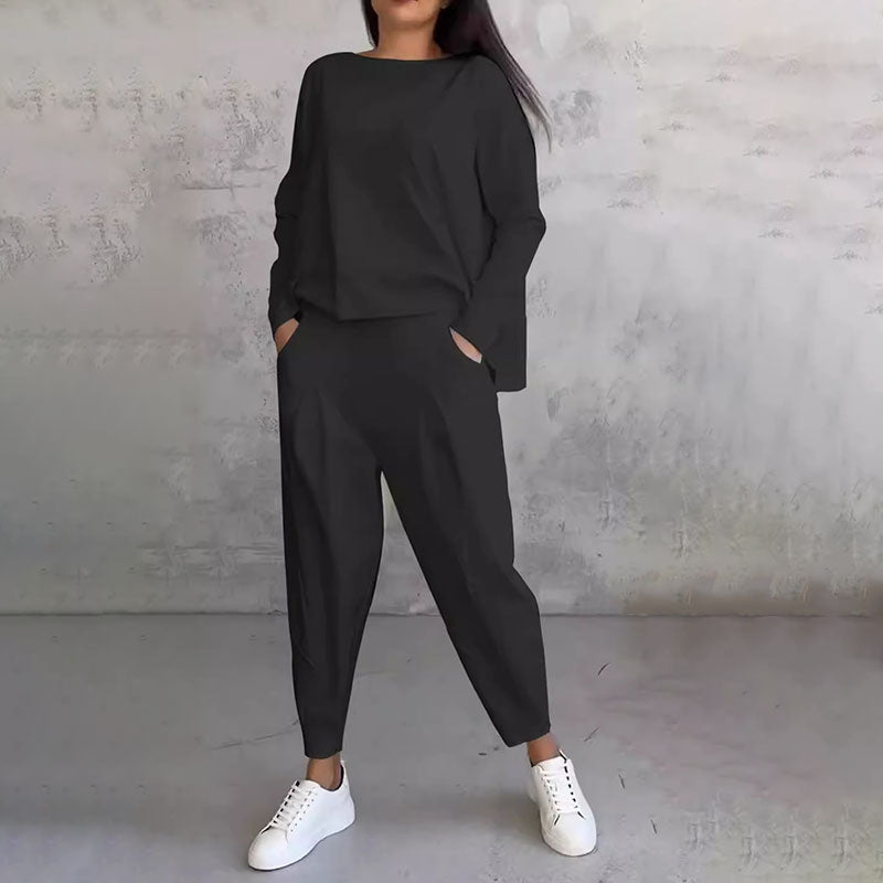SaLong sleeve round neck top & pants 2-piece set