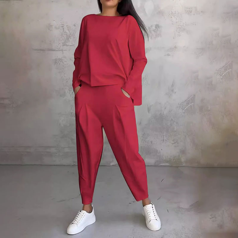 SaLong sleeve round neck top & pants 2-piece set