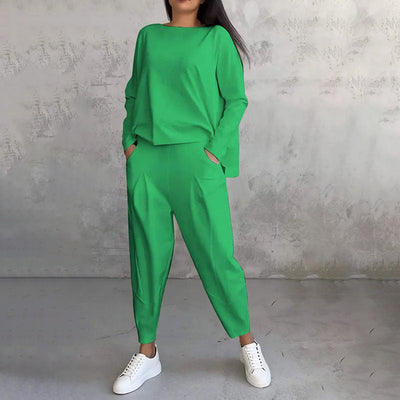 SaLong sleeve round neck top & pants 2-piece set