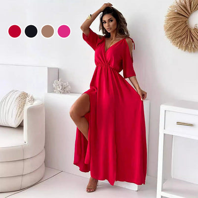 V-neck dress with side slit for women