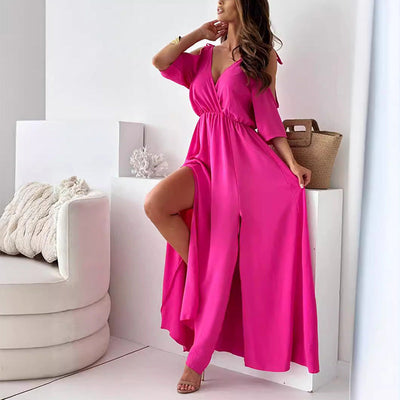 V-neck dress with side slit for women