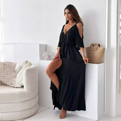 V-neck dress with side slit for women