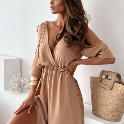 V-neck dress with side slit for women