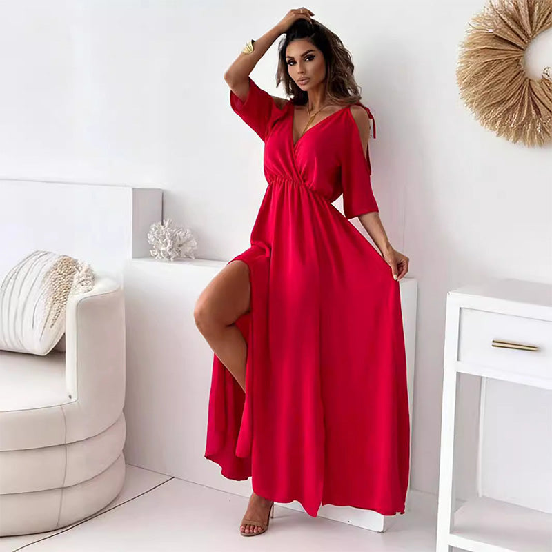 V-neck dress with side slit for women