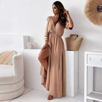 V-neck dress with side slit for women