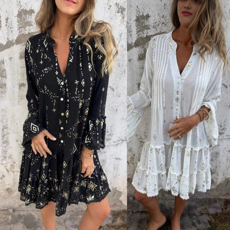 Women's Geometric Pattern Comfortable V-Neck Midi Dress