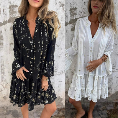 Women's Geometric Pattern Comfortable V-Neck Midi Dress