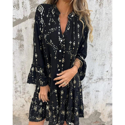 Women's Geometric Pattern Comfortable V-Neck Midi Dress