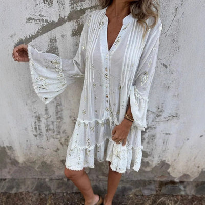Women's Geometric Pattern Comfortable V-Neck Midi Dress