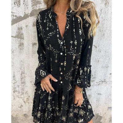 Women's Geometric Pattern Comfortable V-Neck Midi Dress