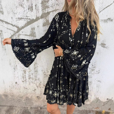 Women's Geometric Pattern Comfortable V-Neck Midi Dress