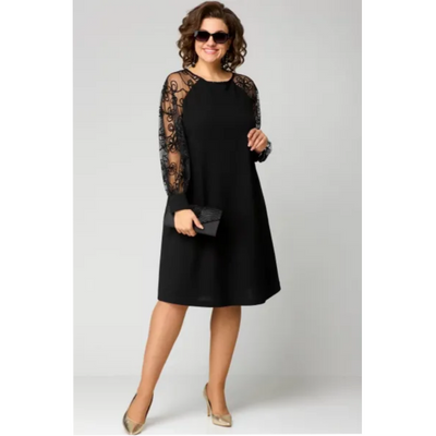 Lace patchwork dress with round neck and long sleeves