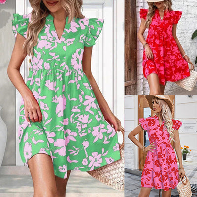 Printed dress with V-neck and ruffles on the sleeves