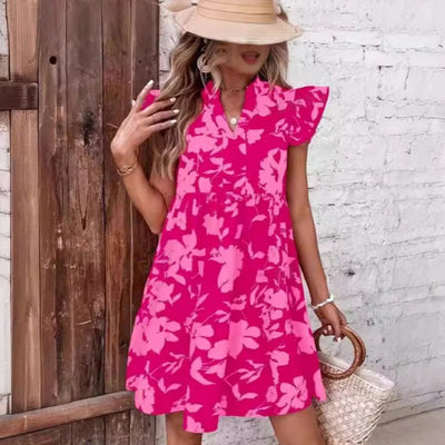 Printed dress with V-neck and ruffles on the sleeves