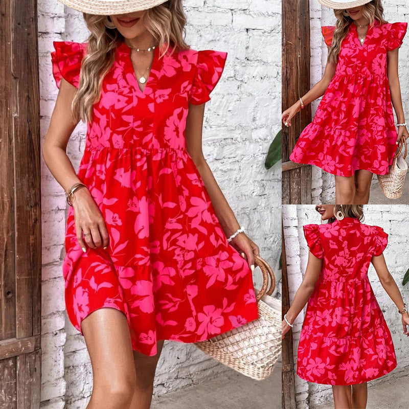 Printed dress with V-neck and ruffles on the sleeves