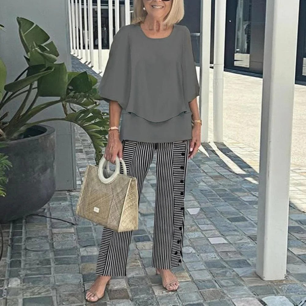 Women Casual Round Neck Half Sleeve Top Printed Pants Two Piece Set