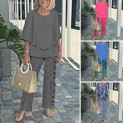 Women Casual Round Neck Half Sleeve Top Printed Pants Two Piece Set